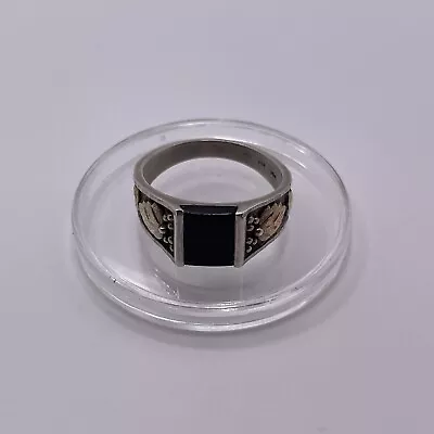 Black Hills Gold Ring Size 11.2 Leaves 12k Gold & Sterling Silver With Onyx • $11.50