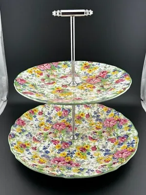 Vintage Midwinter Burslem England Chintz Floral Handled 2 Tier Brama Server 10  • $65