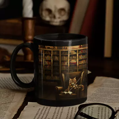 Cat Playing Violin In Library; Dark Academia; 11oz Black Coffee Tea Mug • $17.99