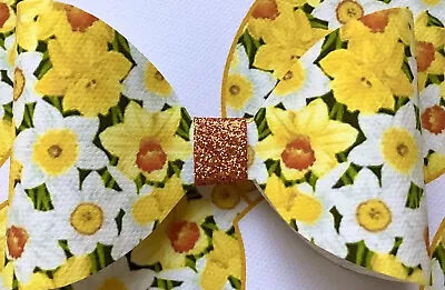 Mothers Day  Daffodils  4  Printed Canvas Fabric Bow Loops  For Making Hair Bows • £1.65