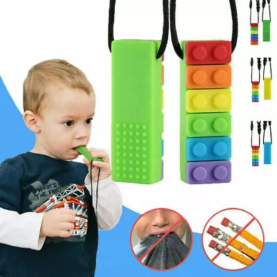 Rainbow Brick Chew Baby Kids Silicone Teether Autism Sensory Chewy Toy Necklace • £3.59