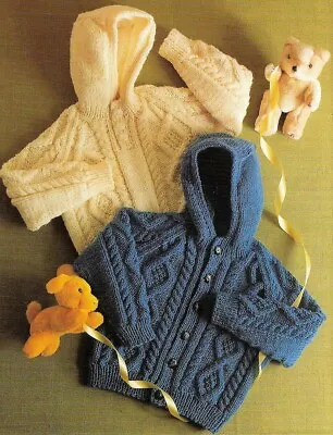 Baby Boys Cable Hooded Sweater Jacket Raglan KNITTING PATTERN Aran 20 -28  Hoody • £2.15