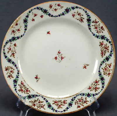 $100 • Buy Marked N10A British Hand Painted Blue Pink & Gold Floral Garland Plate C. 1800