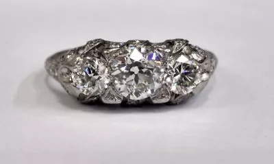 Vintage Filigree 3 Stone Ring 1.8ctw Diamonds Platinum Mounting Size 9 • $6600