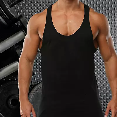 Mens Gym Vest Racerback Bodybuilding Muscle Stringer Tank Top Bodybuilding Vest • £8.99