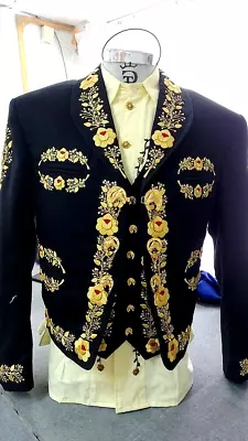 Men's 2Pc Custom Made Black Cotton Embroidered Mariachi Suits For Wedding Outfit • $839.80