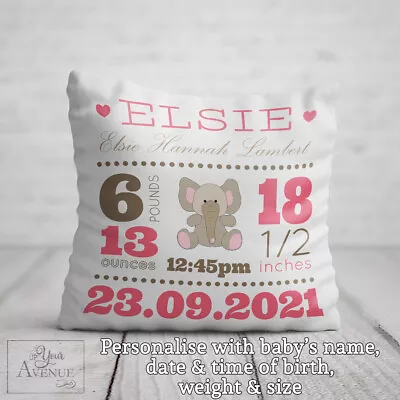 PERSONALISED BABY GIRL CUSHION Pink Elephant Newborn Details Birth Stats Gift • £21.99