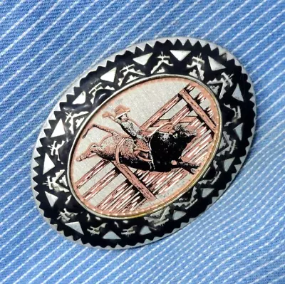 Bull Rider Cowboy Belt Buckle Western Etched Copper Inlay Vintage        .TYC243 • $29.99