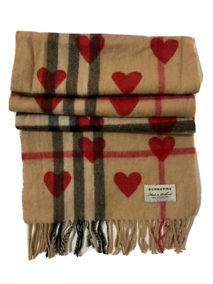 £195 • Buy BURBERRY 3993750 Nova Check Heart Fringe Scarf 100% Cashmere Made In Scotland