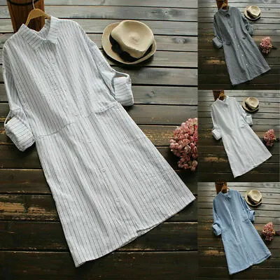 £14.79 • Buy Women Striped Buttons Midi Shirt Dress Ladies Casual Cotton Linen Dresses 6-18