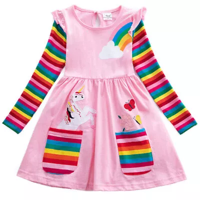 Kid Girls Unicorn Rainbow Dress Long Sleeve Skirt Party Clothes 3-8Years Old • £14.49