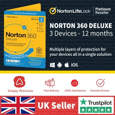 £13.49 • Buy Norton 360 Deluxe Antivirus 2023, 3 Devices, 1 Year + VPN, Delivery By Post