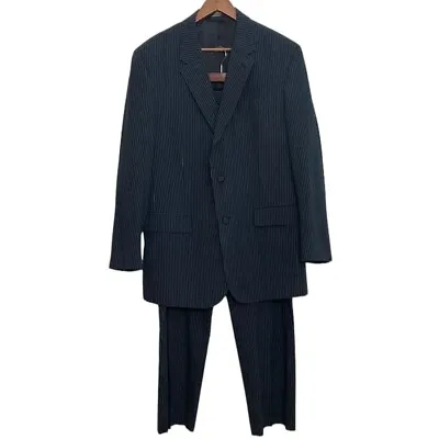 Jos A Bank Seersucker Suit Mens 44L 42W Stay Cool Navy Blue Cotton Stripe • $72.86