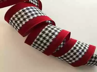 Christmas Ribbon Houndstooth And Red Velvet 2 1/2  Wide Wired Edge 5 YARDS • $14.95