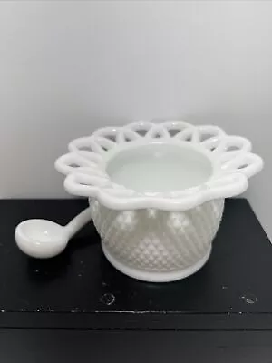 Vintage Imperial Milk Glass Diamond Point Condiment Dish W/Spoon Lace Edge • $27.98