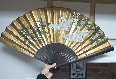 Large Vintage Chinese Folding Hanging Fan Paper And Wood 32  X 20  Birds Flowers • $24.99