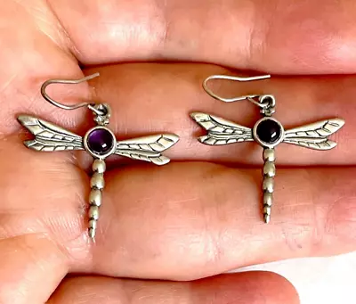 Vintage Dragonfly  Amethyst Sterling Silver 925 Drop Dangle Pierced Earrings • $99.95