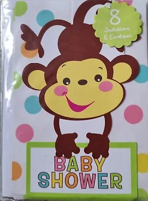 1x Pack Of 8 Baby Shower Monkey Party Paper Invitations - Size 15cm X 10cm. • $2.48