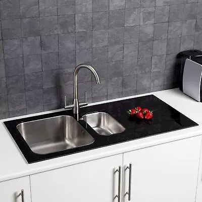 £199 • Buy Sauber Kitchen Sink 1.5 Bowl RH Drainer Black Glass Stainless Steel Inset Waste
