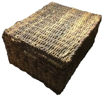 Rattan Wicker Basket Lid Rectangle Storage Decor Reeds Varnished Brown Vintage • $26.95