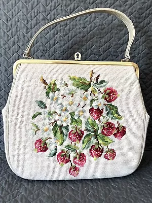 Vintage Petit Point Needlepoint Purse Strawberries Fruit Handbag Tapestry • $149.95