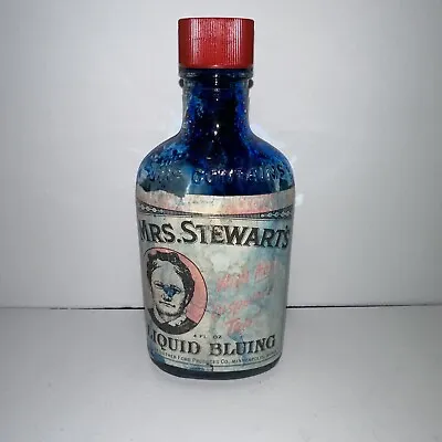 Vintage 1963 MRS STEWART'S LIQUID BLUING 4oz Blue Glass Bottle Advertising Empty • $16.99