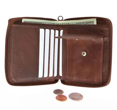 Brown Zipper Secured Bifold Wallet Men's 100% Genuine Leather With Coin Pocket • $18.60