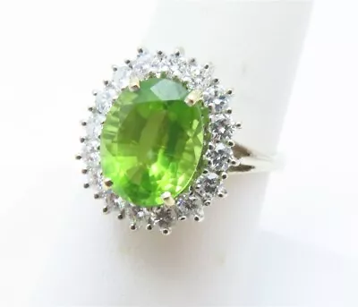 18k White Gold ~10x8mm Oval Peridot & ~1/2CTW Diamond Halo Ring Size 7.25 • $325