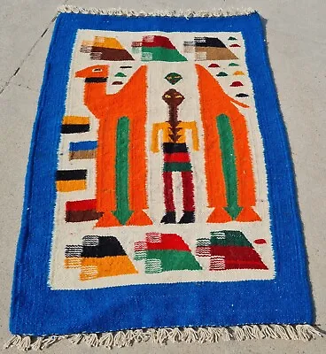 Hand Knotted Vintage Morocco Pictorial Kilim Kilim Wool Area Rug 1.11 X 1.4 Ft • $24.99