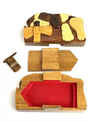 Wooden Dog Puzzle Trinket Box~Stash Container~Felt Lined~Sleeping Puppy~Gift Bow • $15