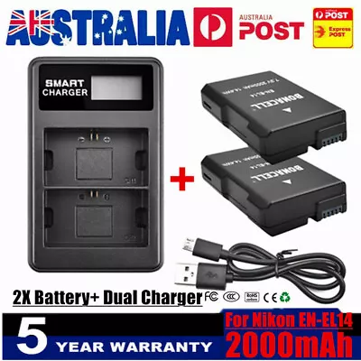 2X 2.0Ah EN-EL14 Battery+ Dual Charger For Nikon D3300 D3400 D3500 D5100 D5200 • $34.99