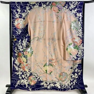 Japanese Kimono Furisode Pure Silk Floral Circle Design Branch Flower Navy Blue • £118.93