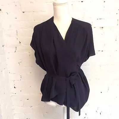Morgane Le Fay Silk Cap Sleeve Wrap Blouse Navy L • $58