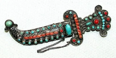 Vintage Sterling Sword Brooch MATL Matilde Signed Poulat Coral Turquoise 229jy • $885.95