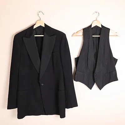 Vtg 40s Dated 1947 Tuxedo Jacket & Vest Waistcoat Satin Lapel Single Breasted • $99.99