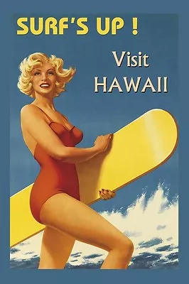 Hawaii Surf Board Lady Vintage Travel Beach Poster Repro FREE S/H • $22.15