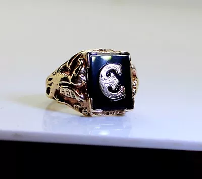 Nice Men's 10K Gold Dragon Black Onyx Signet  E  Ring Size 9.75 7 Grams • £477.28