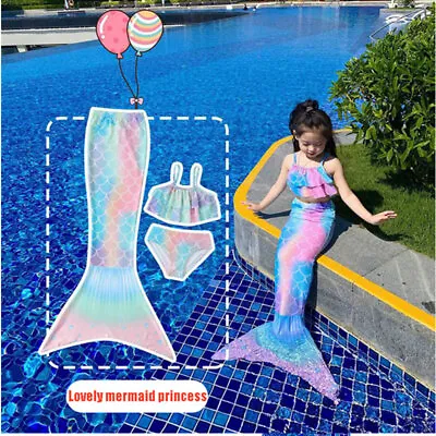 3pc/set Girls Mermaid Tail Swimming Costume Swimmable Monofin Swimwear Beachwear • $17.99
