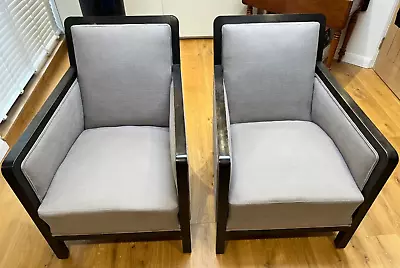 Pair Of Vintage Art Deco Style Armchairs Ebonised Wood Frames/grey Upholstery • £379