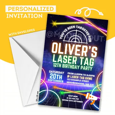 £5.50 • Buy 10x Invites Personalized Laser Tag Party Invitation Neon Laser Quest Game Kids