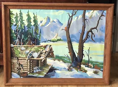 Vtg Paint By Number Mountain Lake Rustic Log Cabin Snow 28 X 21” PBN Framed Nice • $59