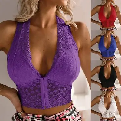 Women Sexy Lace Bralet Bra Crop Tops Halter Neck Sleeveless Corset Vest UK 6-14 • £7.49