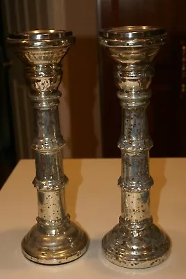 2 Speckled Silver Mercury Glass Pillar Candle  HOLDER Pedestal 12 H • $25