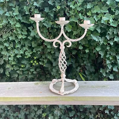 Antique 14  Painted White Garden Wrought Iron 3 Trio Candle Outdoor Candelabra • $45