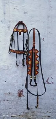 Highland Engraved Gold Inlay Horse Tack Brown Leather Draft Bridle & Reins Set • $137