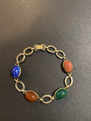 Vintage Sterling Silver Multicolored Cabachon Scarab Stone Bracelet • $38