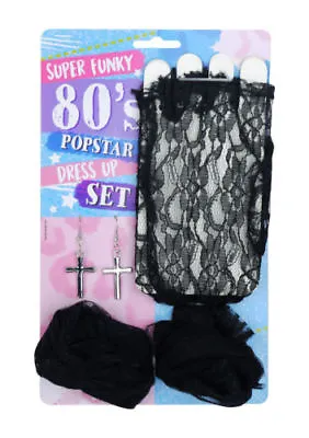 Ladies Madonna 80's Pop Star Fancy Dress Up Set (Lace Gloves Earrings Hair Bow) • £5.95