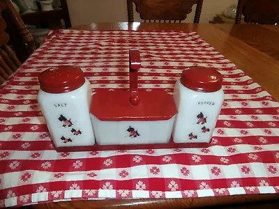 Vintage McKee Hazel Atlas Milk Glass Salt Pepper And Drippings Jar With Metal • $85