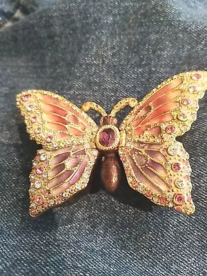 Vintage Jeweled Enameled Butterfly Trinket Box Double Dual Hinged Missing 1 Rhin • $40