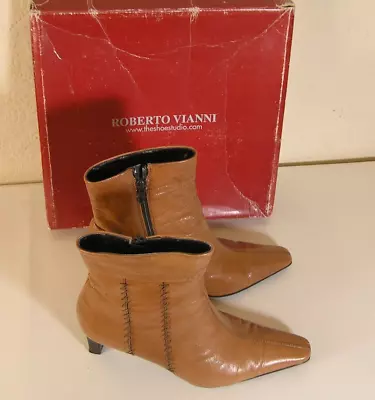 Pair Of Roberto Vianni Tan Leather Boots Elastomere E754 Size 38 2.5 HeelZip • £10.99